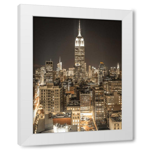 Illuminated Manhattan skyline at twilight - New York City White Modern Wood Framed Art Print by Frank, Assaf