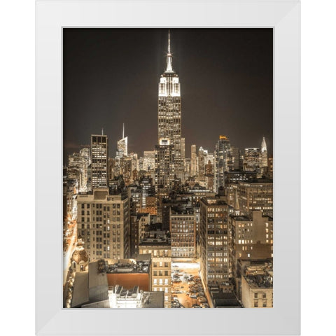 Illuminated Manhattan skyline at twilight - New York City White Modern Wood Framed Art Print by Frank, Assaf