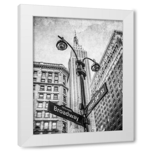 Street lamp and street signs with Empire State building in background - New York White Modern Wood Framed Art Print by Frank, Assaf
