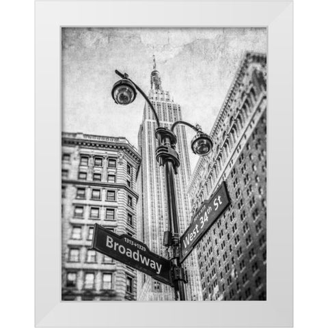 Street lamp and street signs with Empire State building in background - New York White Modern Wood Framed Art Print by Frank, Assaf