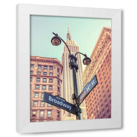 Street lamp and street signs with Empire State building in background - New York White Modern Wood Framed Art Print by Frank, Assaf