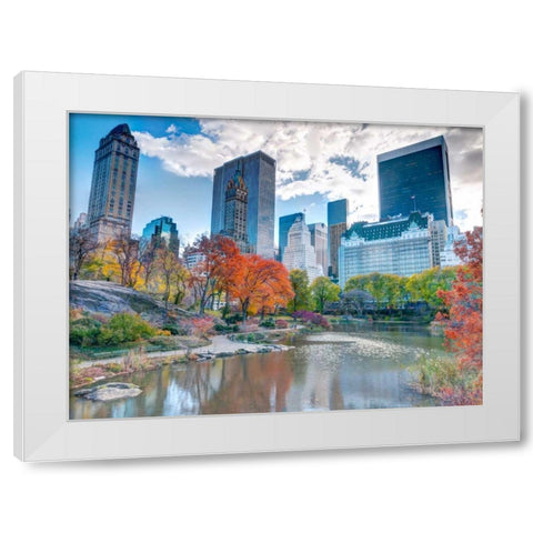 Pond at Central Park with Manhattan skyline, New York White Modern Wood Framed Art Print by Frank, Assaf