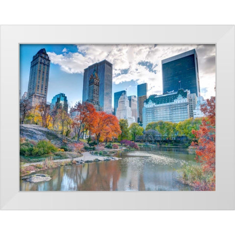 Pond at Central Park with Manhattan skyline, New York White Modern Wood Framed Art Print by Frank, Assaf