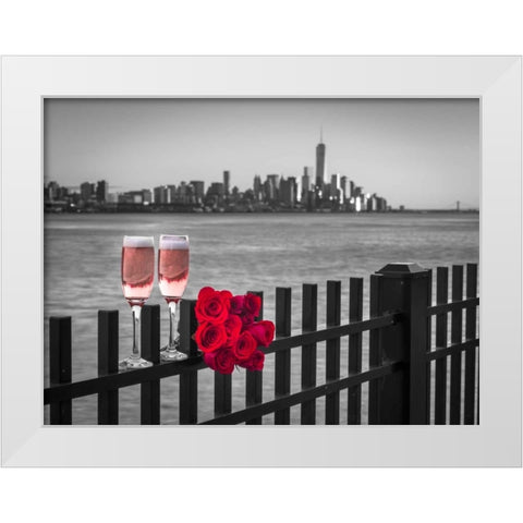 Glasses of Champagne with bunch of roses on railing against Lower Manhattan skylne, New York White Modern Wood Framed Art Print by Frank, Assaf
