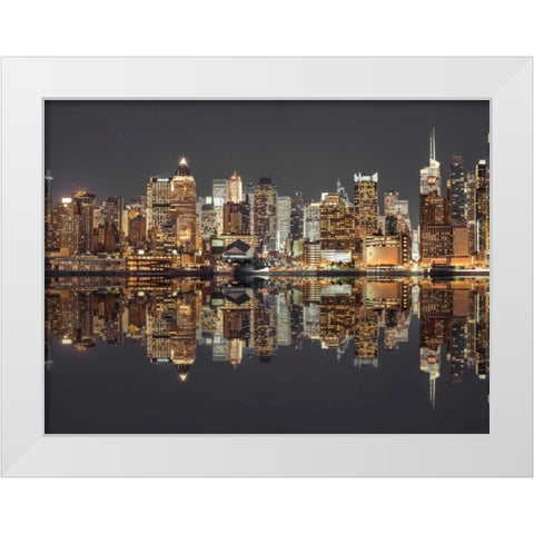 Illuminated Manhattan skyline at twilight - New York City White Modern Wood Framed Art Print by Frank, Assaf
