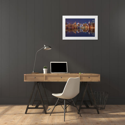 Illuminated Manhattan skyline at twilight - New York City White Modern Wood Framed Art Print by Frank, Assaf