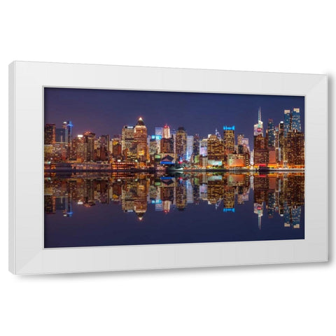 Illuminated Manhattan skyline at twilight - New York City White Modern Wood Framed Art Print by Frank, Assaf