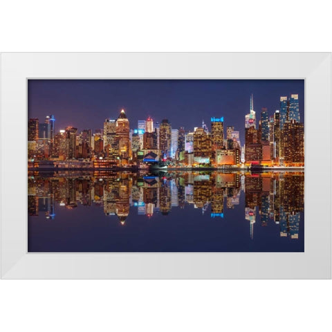 Illuminated Manhattan skyline at twilight - New York City White Modern Wood Framed Art Print by Frank, Assaf