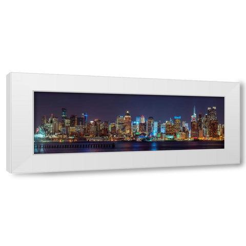 Illuminated Manhattan skyline at twilight - New York City White Modern Wood Framed Art Print by Frank, Assaf
