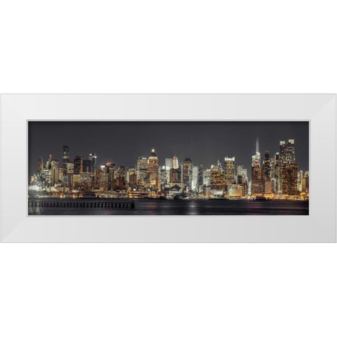 Illuminated Manhattan skyline at twilight - New York City White Modern Wood Framed Art Print by Frank, Assaf