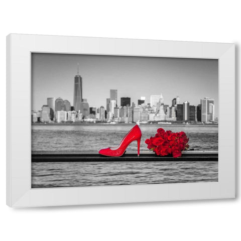 High heel shoe with bunch of roses against Lower manhattan skyline, New York White Modern Wood Framed Art Print by Frank, Assaf