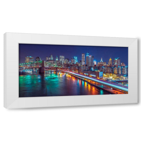 Strip lights on streets of Manhattan by east river, New York White Modern Wood Framed Art Print by Frank, Assaf