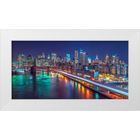 Strip lights on streets of Manhattan by east river, New York White Modern Wood Framed Art Print by Frank, Assaf