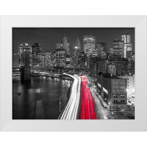 Strip lights on streets of Manhattan by east river, New York White Modern Wood Framed Art Print by Frank, Assaf