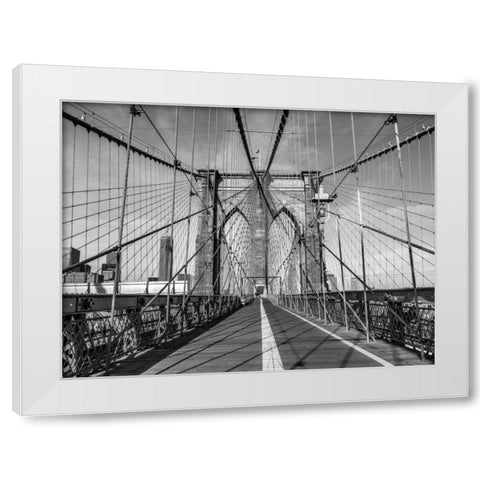 Pedestrian walkway on Brooklyn bridge, New York White Modern Wood Framed Art Print by Frank, Assaf