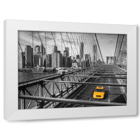 Cab on Brooklyn Bridge, Manhattan, New York White Modern Wood Framed Art Print by Frank, Assaf