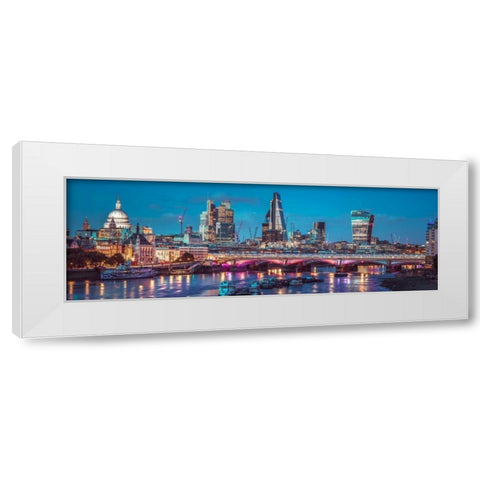 Evening view of Blackfriars Bridge over River Thames with London skyline, FTBR-1853 White Modern Wood Framed Art Print by Frank, Assaf