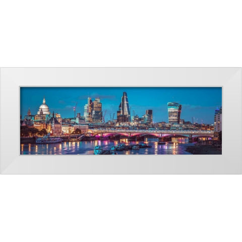 Evening view of Blackfriars Bridge over River Thames with London skyline, FTBR-1853 White Modern Wood Framed Art Print by Frank, Assaf