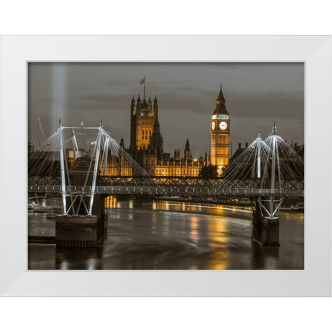 Evening view of Golden Jubilee over River Thames with Westminster Abby White Modern Wood Framed Art Print by Frank, Assaf