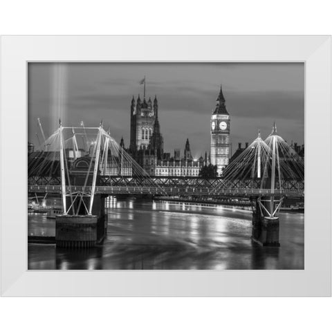 Evening view of Golden Jubilee over River Thames with Westminster Abby White Modern Wood Framed Art Print by Frank, Assaf
