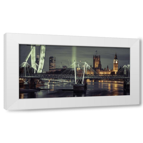 Night view of the London Eye, Golden Jubilee bridge and Westminster, London, UK White Modern Wood Framed Art Print by Frank, Assaf