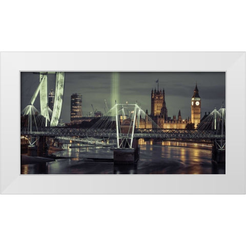 Night view of the London Eye, Golden Jubilee bridge and Westminster, London, UK White Modern Wood Framed Art Print by Frank, Assaf