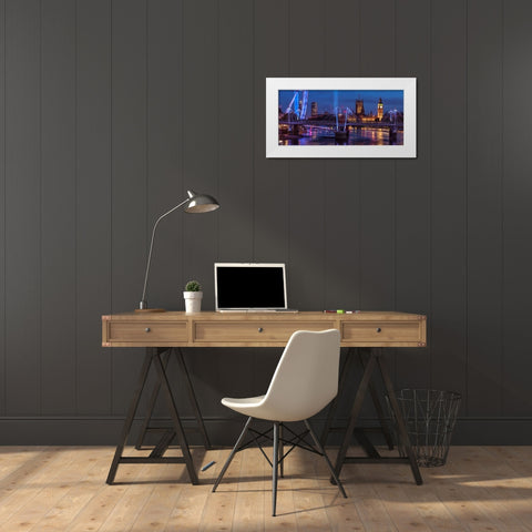Night view of the London Eye, Golden Jubilee bridge and Westminster, London, UK White Modern Wood Framed Art Print by Frank, Assaf