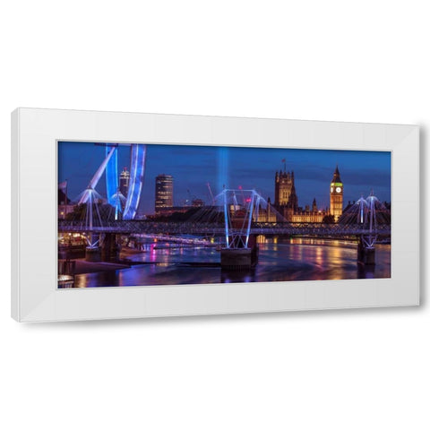 Night view of the London Eye, Golden Jubilee bridge and Westminster, London, UK White Modern Wood Framed Art Print by Frank, Assaf
