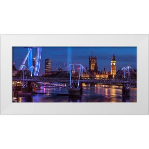 Night view of the London Eye, Golden Jubilee bridge and Westminster, London, UK White Modern Wood Framed Art Print by Frank, Assaf