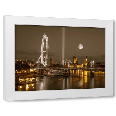 Night view of the London Eye, Golden Jubilee bridge and Westminster, London, UK White Modern Wood Framed Art Print by Frank, Assaf