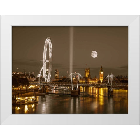 Night view of the London Eye, Golden Jubilee bridge and Westminster, London, UK White Modern Wood Framed Art Print by Frank, Assaf