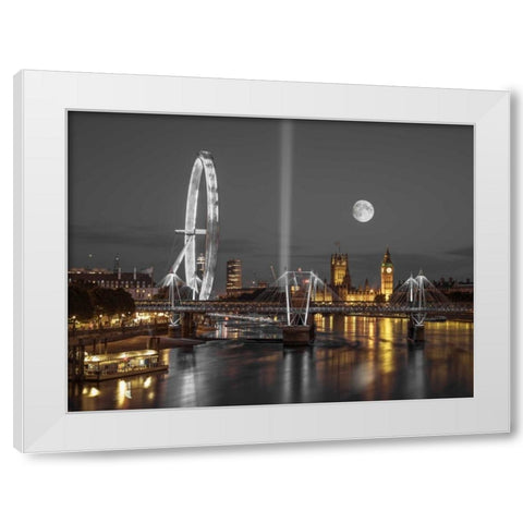 Night view of the London Eye, Golden Jubilee bridge and Westminster, London, UK White Modern Wood Framed Art Print by Frank, Assaf