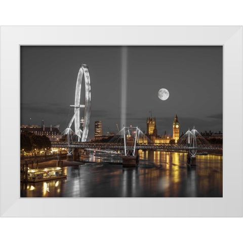 Night view of the London Eye, Golden Jubilee bridge and Westminster, London, UK White Modern Wood Framed Art Print by Frank, Assaf