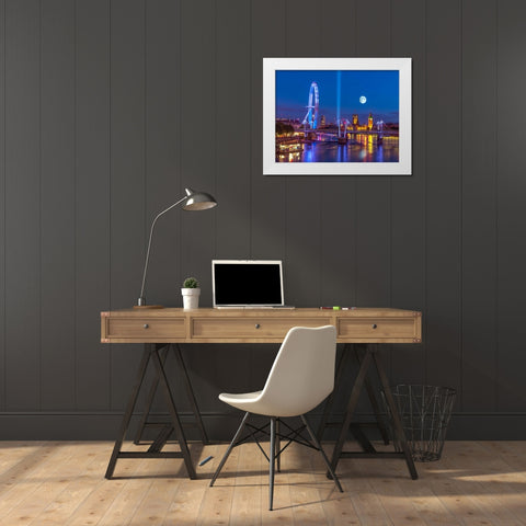 Night view of the London Eye, Golden Jubilee bridge and Westminster, London, UK White Modern Wood Framed Art Print by Frank, Assaf