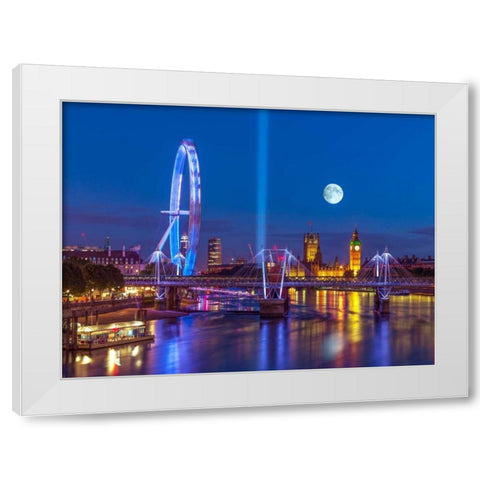 Night view of the London Eye, Golden Jubilee bridge and Westminster, London, UK White Modern Wood Framed Art Print by Frank, Assaf