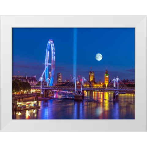 Night view of the London Eye, Golden Jubilee bridge and Westminster, London, UK White Modern Wood Framed Art Print by Frank, Assaf