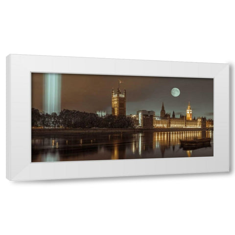 Column of spectra lights with Westminster Abby, London, UK White Modern Wood Framed Art Print by Frank, Assaf