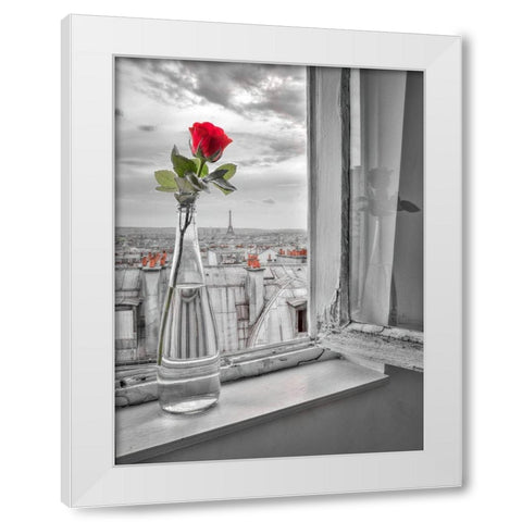 Flower vase on window with Eiffle tower in background-Paris White Modern Wood Framed Art Print by Frank, Assaf