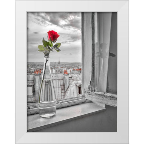 Flower vase on window with Eiffle tower in background-Paris White Modern Wood Framed Art Print by Frank, Assaf