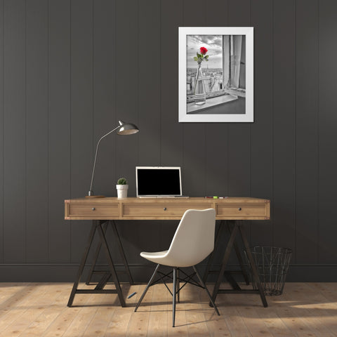 Flower vase on window with Eiffle tower in background, Paris White Modern Wood Framed Art Print by Frank, Assaf
