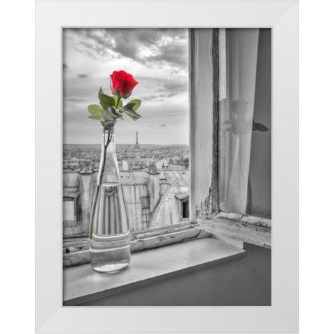 Flower vase on window with Eiffle tower in background, Paris White Modern Wood Framed Art Print by Frank, Assaf