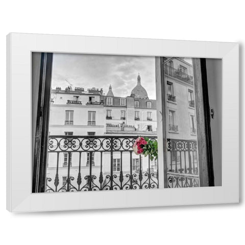 Bunch of flowers on balcony railing in an apartment of Montmartre, Paris, France White Modern Wood Framed Art Print by Frank, Assaf