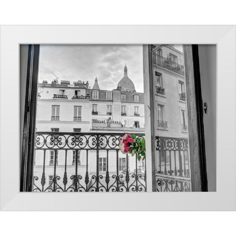 Bunch of flowers on balcony railing in an apartment of Montmartre, Paris, France White Modern Wood Framed Art Print by Frank, Assaf