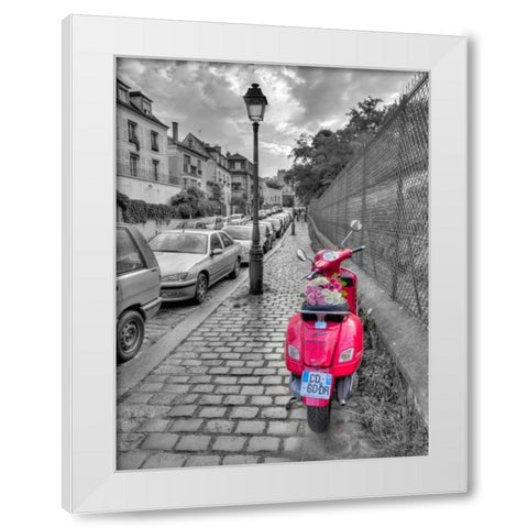 Bunch of Roses on scooter, Paris, France White Modern Wood Framed Art Print by Frank, Assaf