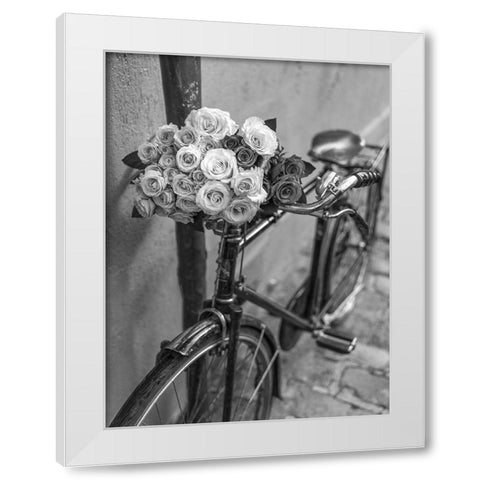 Bunch of Roses on bicycle, Paris, France White Modern Wood Framed Art Print by Frank, Assaf