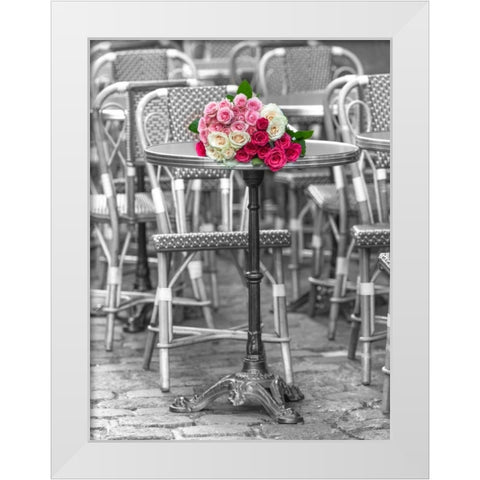 Bunch of Roses on street cafe table in Paris, France White Modern Wood Framed Art Print by Frank, Assaf