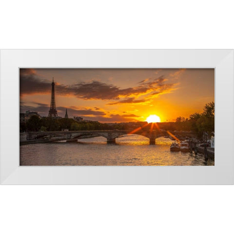 View of the Eiffel Tower with a bridge in the foreground during sunset, Paris, France White Modern Wood Framed Art Print by Frank, Assaf