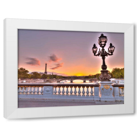 Street light on a bridge with Eiffel Tower in bakcground, Paris, France White Modern Wood Framed Art Print by Frank, Assaf