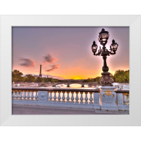 Street light on a bridge with Eiffel Tower in bakcground, Paris, France White Modern Wood Framed Art Print by Frank, Assaf