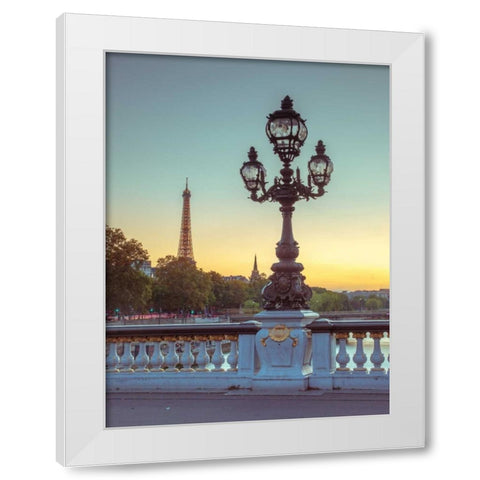 Street light on a bridge with Eiffel Tower in bakcground, Paris, France White Modern Wood Framed Art Print by Frank, Assaf